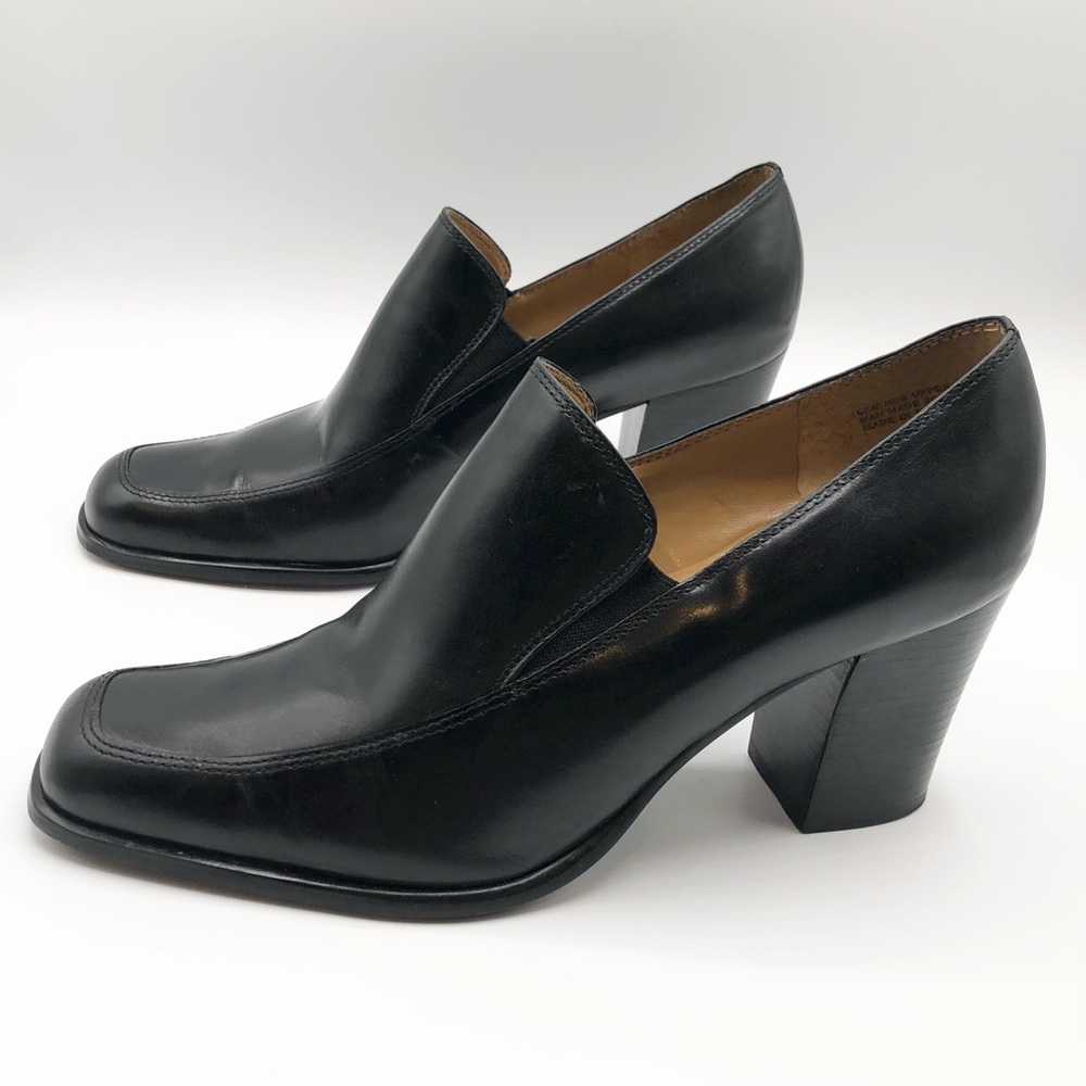 Etienne Aigner Black Leather Square Toe Block Heeled Loafer Booties Women’s 8.5